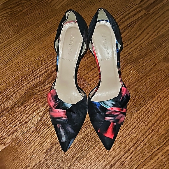 J. Crew Pointy Toe Stiletto Elsie Black Red Multi Side Toe Bow heels Size 8 - Picture 3 of 6